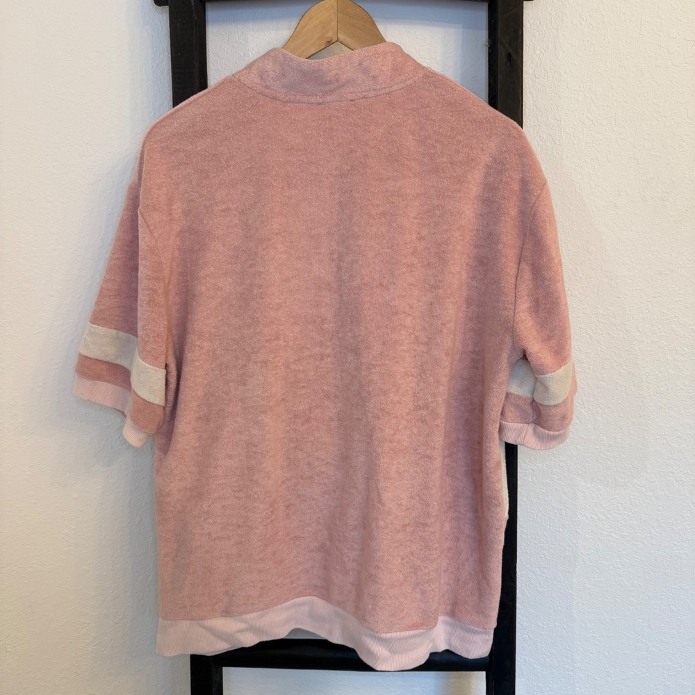 POL Pink Cream Striped Terry Cloth Quarter Zip Short‎ Sleeve Top S/M - Picture 3 of 6